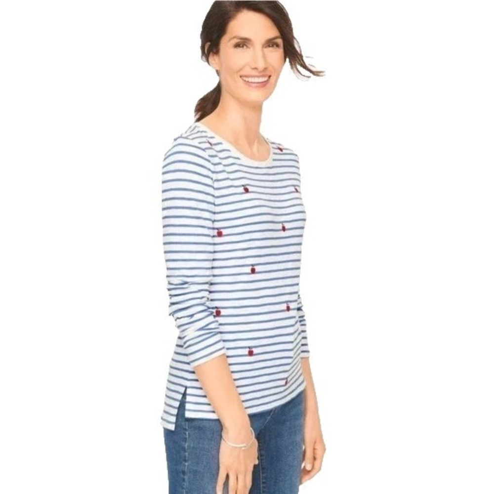 Talbots Embroidered Top Shirt Size 1X Apple Stripe Tee Long Sleeve Novelty Print